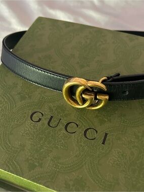 Gucci Black Leather Belt with Antique Gold Double G Buckle